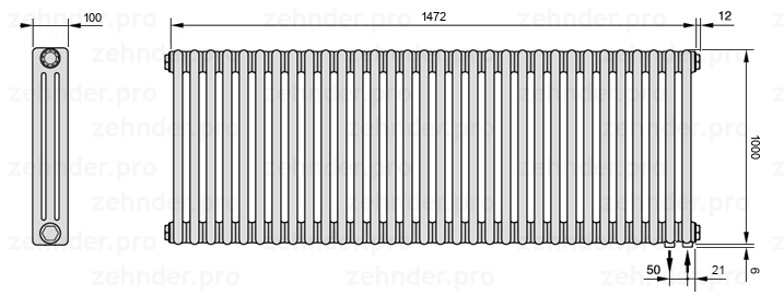 Схема (чертеж) Радиатор Zehnder Charleston 3100/32 №5510 Белый глянцевый RAL 9016